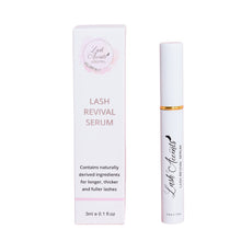 Load image into Gallery viewer, Close-up of Lash Revival Serum bottle with natural botanical ingredients - Biotin, Ginseng, Pumpkin Seed Extract. Cruelty-free, hypoallergenic, and dermatologically tested for healthy, lush lashes. Elevate your gaze with Lash Accents
