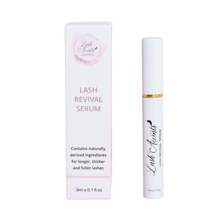 Close-up of Lash Revival Serum bottle with natural botanical ingredients - Biotin, Ginseng, Pumpkin Seed Extract. Cruelty-free, hypoallergenic, and dermatologically tested for healthy, lush lashes. Elevate your gaze with Lash Accents